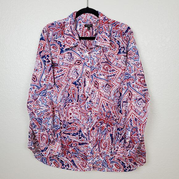 Talbots Top Womens Size 2X Paisley Button Front Long Sleeve Multicolor Cotton - Picture 1 of 8